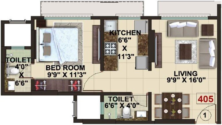 Floor plan of 1 BHK 405 Sq. Ft. Apartment in 3 Aces The Signature Tower, Mumbai