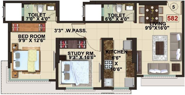 Floor plan of 2 BHK 582 Sq. Ft. Apartment in 3 Aces The Signature Tower, Mumbai