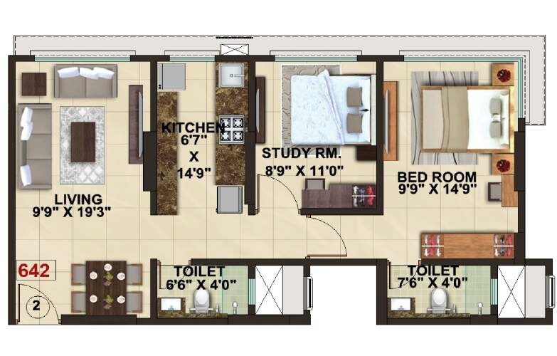 Floor plan of 2 BHK 642 Sq. Ft. Apartment in 3 Aces The Signature Tower, Mumbai