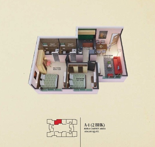 Floor plan of 2 BHK 604 Sq. Ft. Apartment in 49 Simandhar Royale, Mumbai