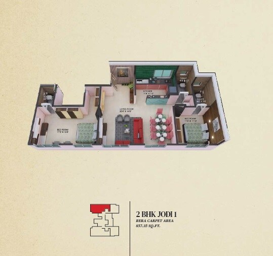 Floor plan of 2 BHK 857 Sq. Ft. Apartment in 49 Simandhar Royale, Mumbai