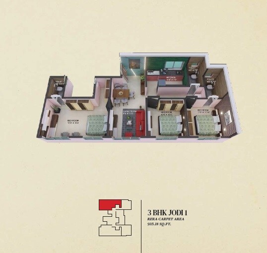 Floor plan of 3 BHK 935 Sq. Ft. Apartment in 49 Simandhar Royale, Mumbai