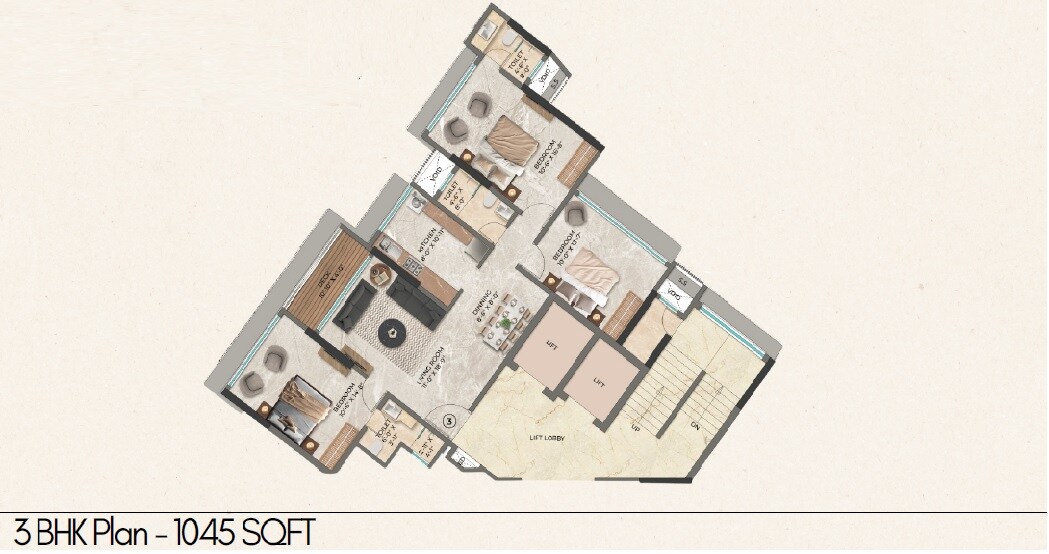 Floor plan of 3 BHK 1045 Sq. Ft. Apartment in Lakshmi 64 Crest, Mumbai
