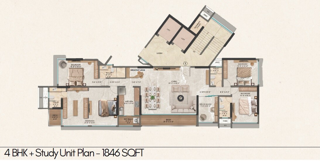 Floor plan of 4 BHK 1846 Sq. Ft. Apartment in Lakshmi 64 Crest, Mumbai