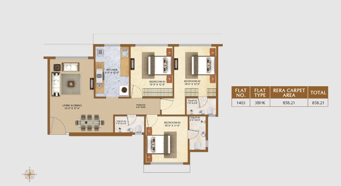 3 BHK 858 Sq. Ft. Apartment