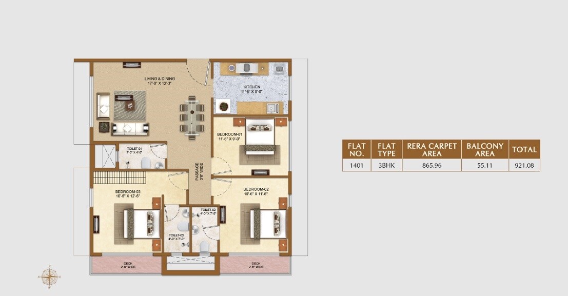 Floor plan of 3 BHK 921 Sq. Ft. Apartment in 66 Aventus Avenue, Mumbai