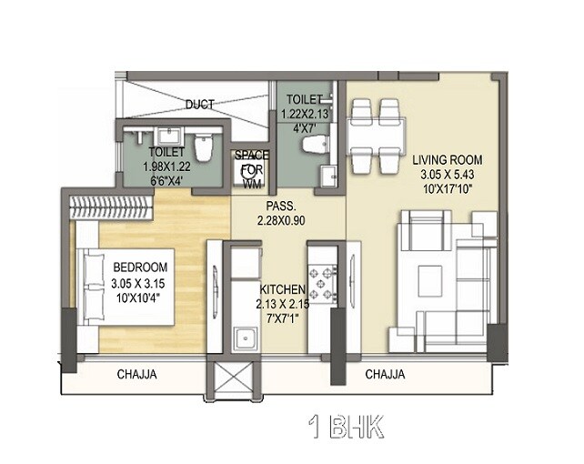 Floor plan of 1 BHK 439 Sq. Ft. Apartment in 66 Palazzio, Mumbai