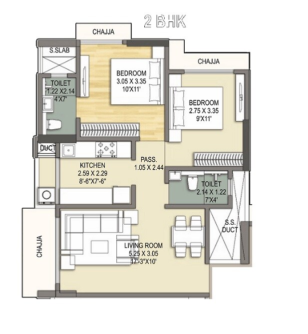 Floor plan of 2 BHK 541 Sq. Ft. Apartment in 66 Palazzio, Mumbai