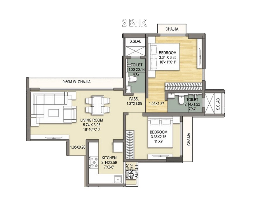 Floor plan of 2 BHK 688 Sq. Ft. Apartment in 66 Palazzio, Mumbai