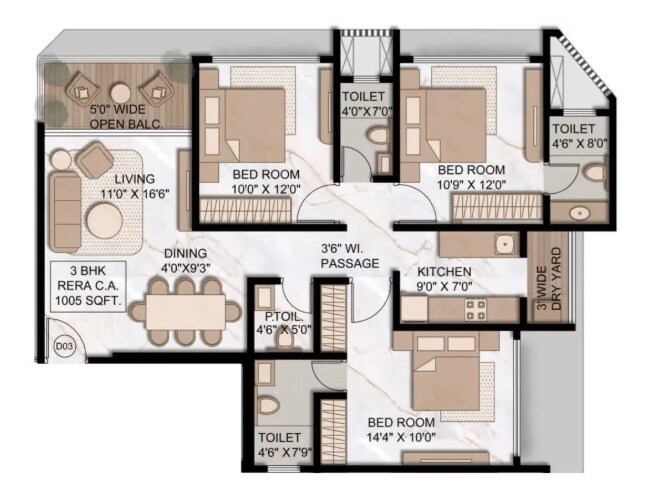 Floor plan of 3 BHK 1005 Sq. Ft. Apartment in 9 Elements, Mumbai