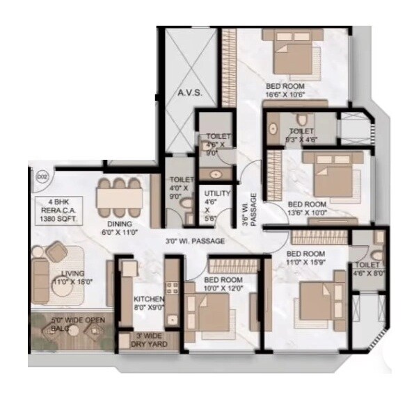 Floor plan of 4 BHK 1380 Sq. Ft. Apartment in 9 Elements, Mumbai