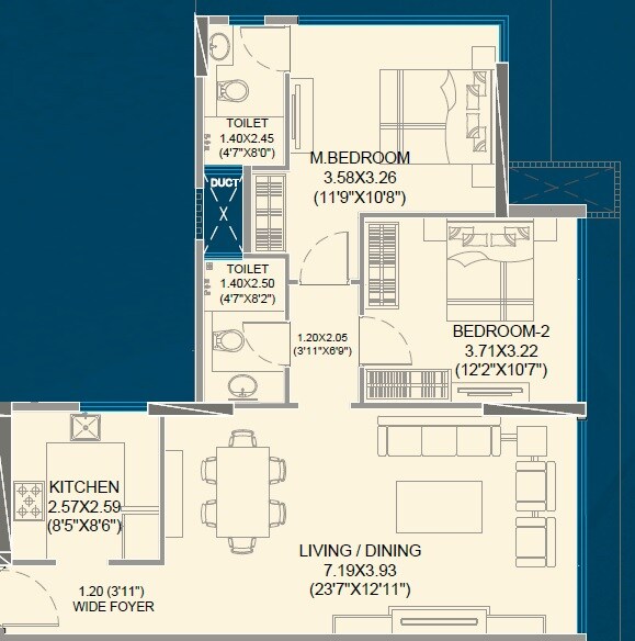 Floor plan of 2 BHK 820 Sq. Ft. Apartment in A And O Estado, Mumbai