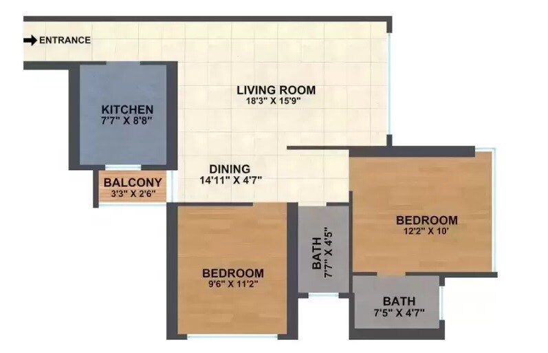 Floor plan of 2 BHK 929 Sq. Ft. Apartment in A And O F Residences Malad, Mumbai