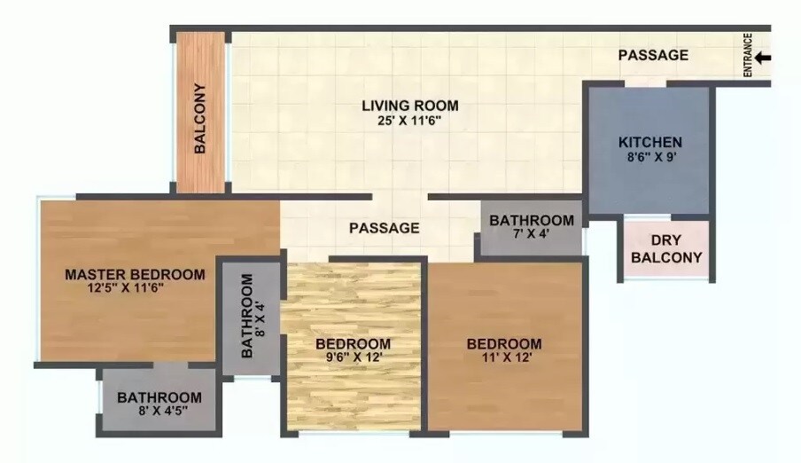 Floor plan of 3 BHK 1011 Sq. Ft. Apartment in A And O F Residences Malad East, Mumbai