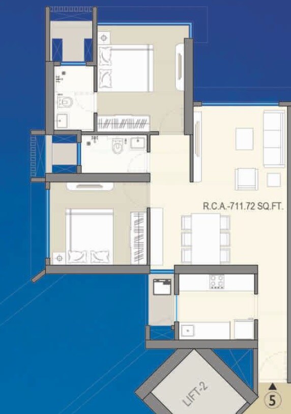 Floor plan of 2 BHK 712 Sq. Ft. Apartment in A And O F Residences Malad East, Mumbai