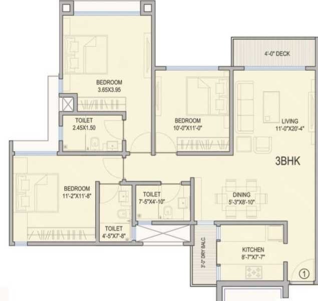 Floor plan of 3 BHK 1695 Sq. Ft. Apartment in A and O Luxe Tower, Mumbai