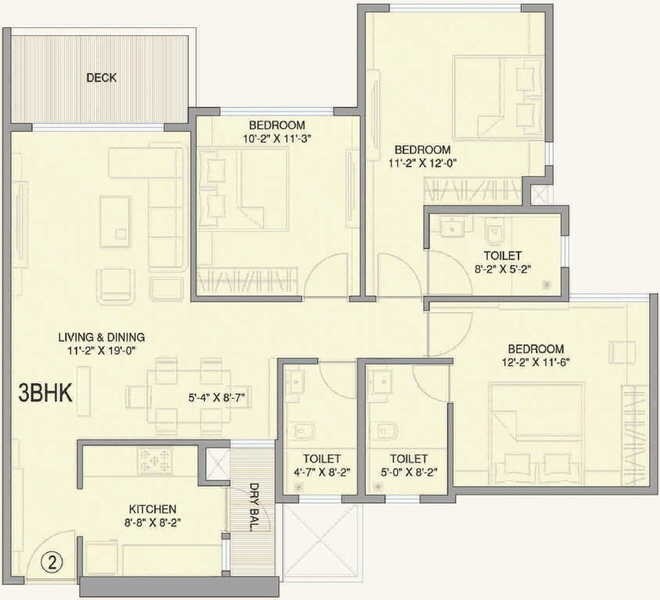 Floor plan of 3 BHK 1789 Sq. Ft. Apartment in A and O Luxe Tower, Mumbai