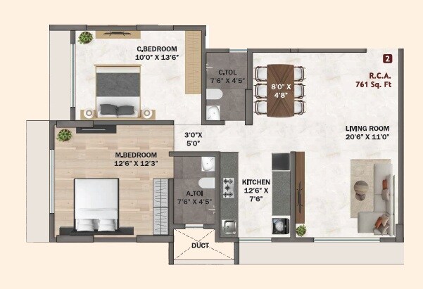 Floor plan of 2 BHK 761 Sq. Ft. Apartment in Aadhunik Bansi Terrace CHS, Mumbai