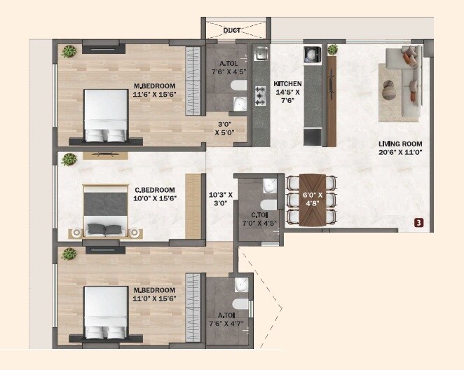 Floor plan of 3 BHK 1049 Sq. Ft. Apartment in Aadhunik Bansi Terrace CHS, Mumbai
