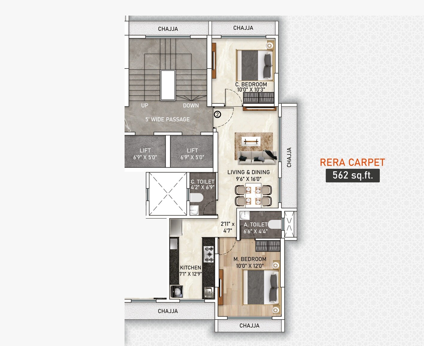 Floor plan of 2 BHK 562 Sq. Ft. Apartment in Aadhunik Bents CHS, Mumbai