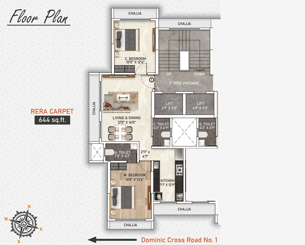 Floor plan of 2 BHK 644 Sq. Ft. Apartment in Aadhunik Bents CHS, Mumbai