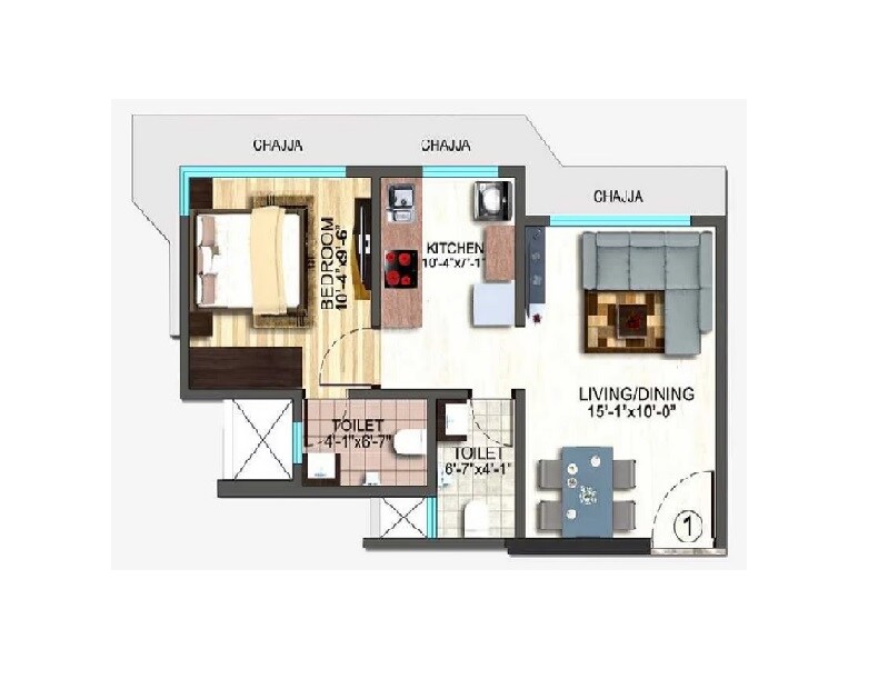 Floor plan of 1 BHK 440 Sq. Ft. Apartment in Aadhunik Greens, Mumbai