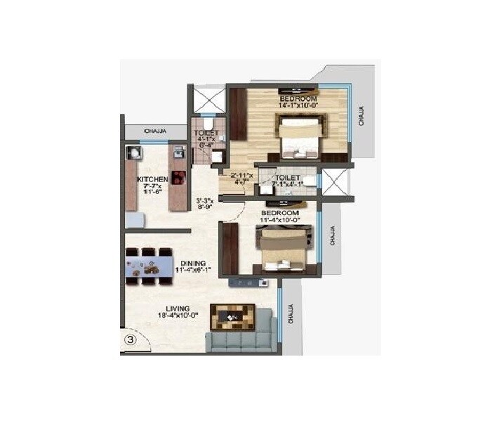 Floor plan of 2 BHK 580 Sq. Ft. Apartment in Aadhunik Greens, Mumbai