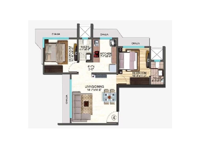 Floor plan of 2 BHK 780 Sq. Ft. Apartment in Aadhunik Greens, Mumbai