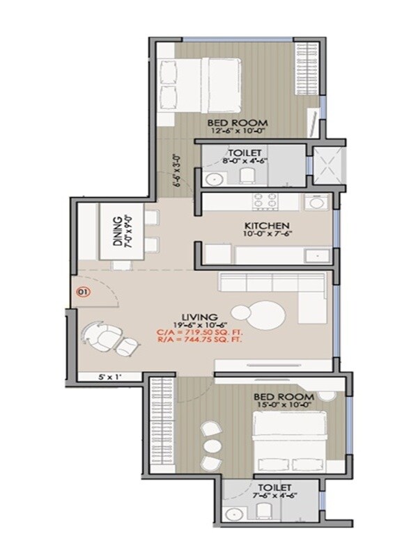 2 BHK 745 Sq. Ft. Apartment