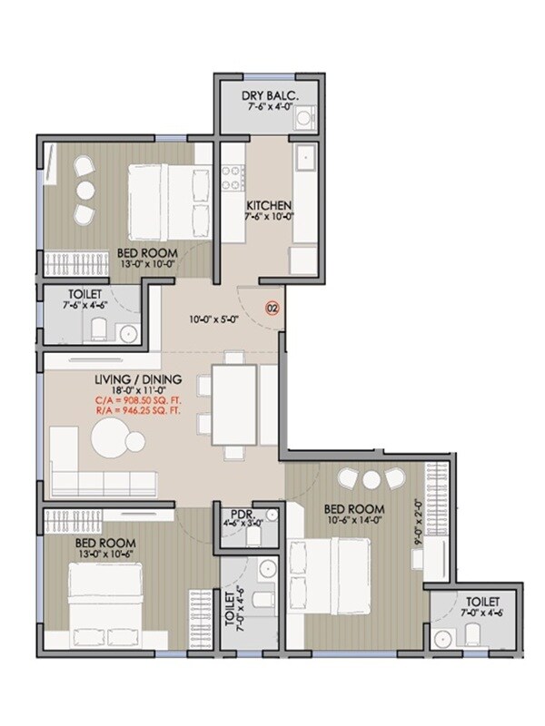 3 BHK 946 Sq. Ft. Apartment