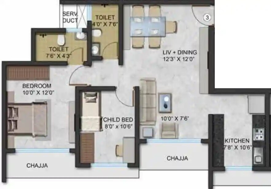 Floor plan of 2 BHK 627 Sq. Ft. Apartment in Aadi Allure, Mumbai