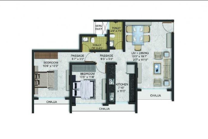 Floor plan of 2 BHK 733 Sq. Ft. Apartment in Aadi Allure, Mumbai