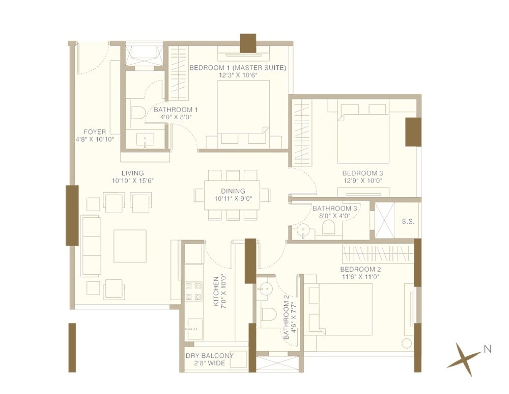 Floor plan of 3 BHK 939 Sq. Ft. Apartment in Aadi Arpan, Mumbai