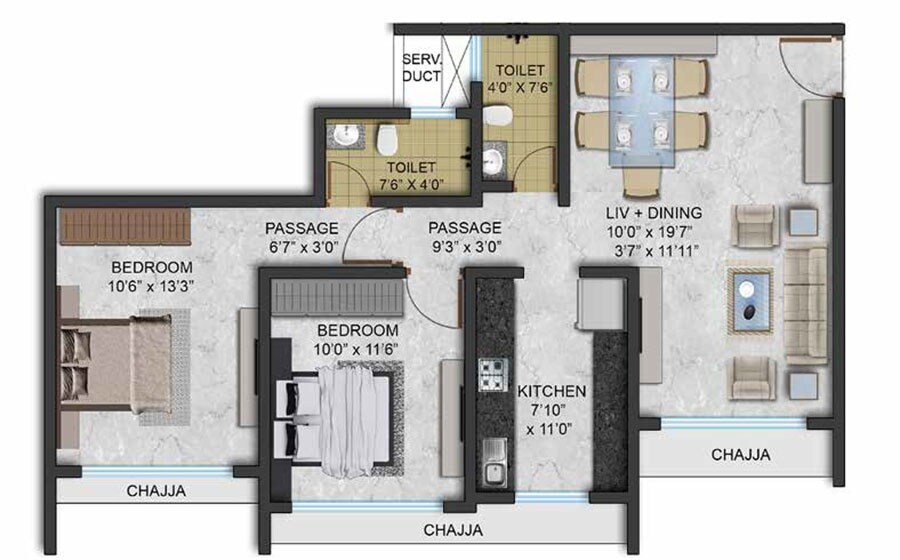 Floor plan of 2 BHK 733 Sq. Ft. Apartment in Aadi Passcode Green Gift, Mumbai