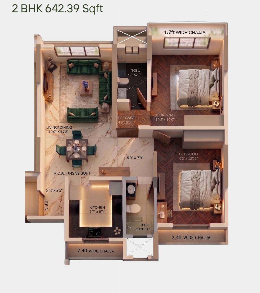 Floor plan of 2 BHK 642 Sq. Ft. Apartment in Aahana Landmark, Mumbai