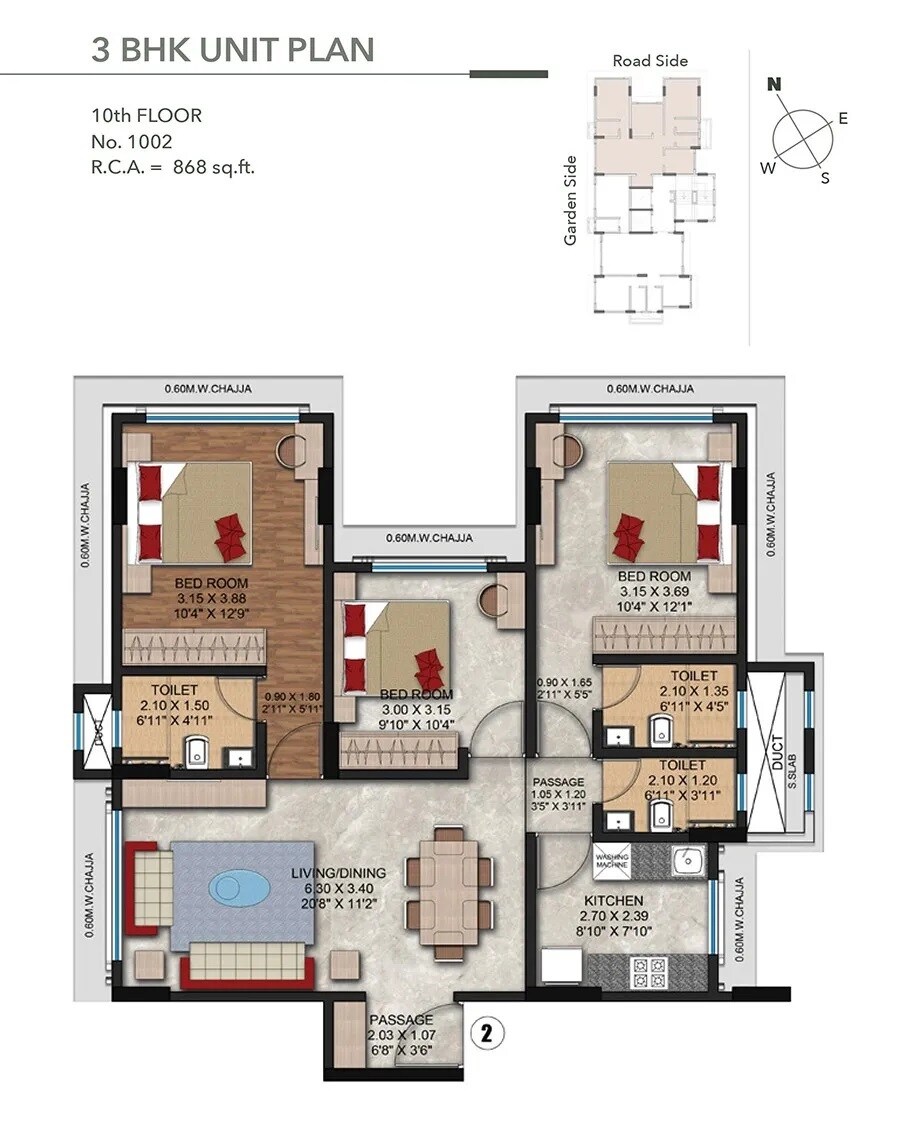 3 BHK 868 Sq. Ft. Apartment