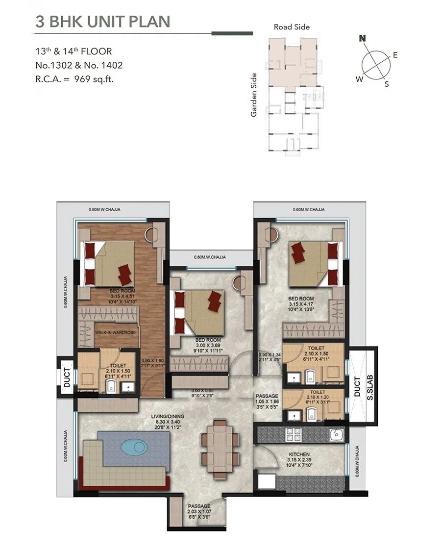 Floor plan of 3 BHK 969 Sq. Ft. Apartment in Aakar Deep CHS, Mumbai