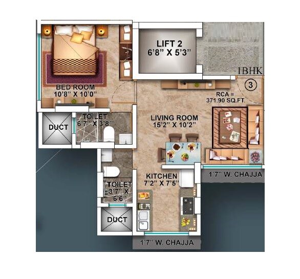 Floor plan of 1 BHK 372 Sq. Ft. Apartment in Aakar Padma Rekha CHS, Mumbai