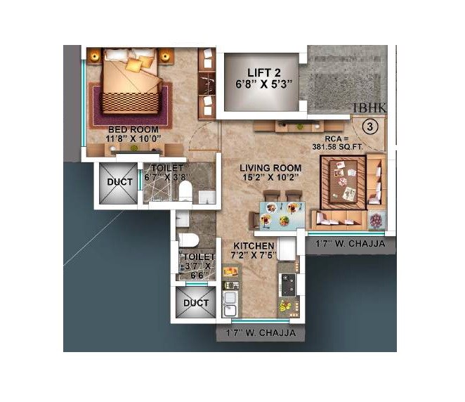Floor plan of 1 BHK 382 Sq. Ft. Apartment in Aakar Padma Rekha CHS, Mumbai