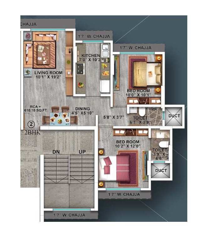 Floor plan of 2 BHK 610 Sq. Ft. Apartment in Aakar Padma Rekha CHS, Mumbai