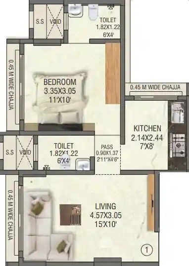 Floor plan of 1 BHK 420 Sq. Ft. Apartment in Aakar Shiv Motivilla, Mumbai
