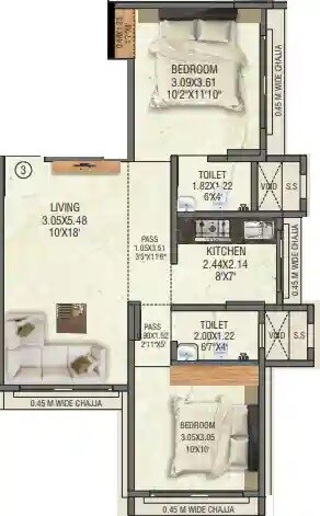 Floor plan of 2 BHK 594 Sq. Ft. Apartment in Aakar Shiv Motivilla, Mumbai