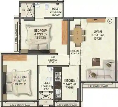 Floor plan of 2 BHK 675 Sq. Ft. Apartment in Aakar Shiv Motivilla, Mumbai