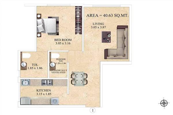 Floor plan of 1 BHK 423 Sq. Ft. Apartment in HIL Sapphire, Mumbai