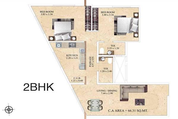 Floor plan of 2 BHK 562 Sq. Ft. Apartment in HIL Sapphire, Mumbai