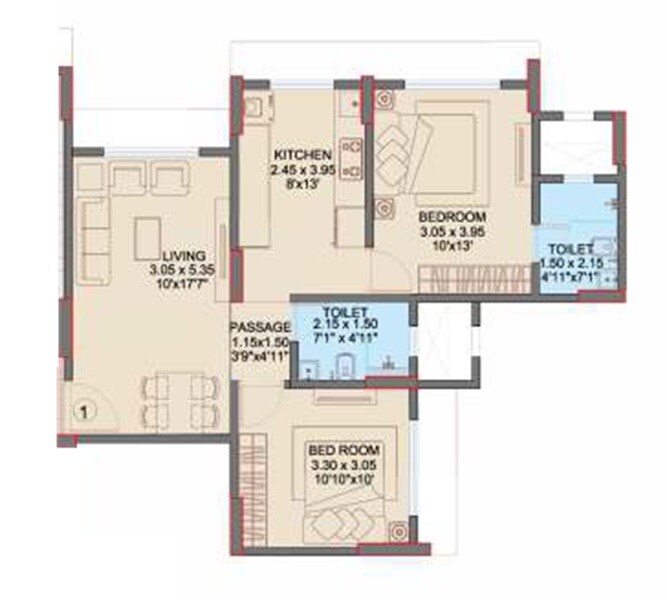 Floor plan of 2 BHK 635 Sq. Ft. Apartment in Aakash Universal Golden Jubilee Tower, Mumbai