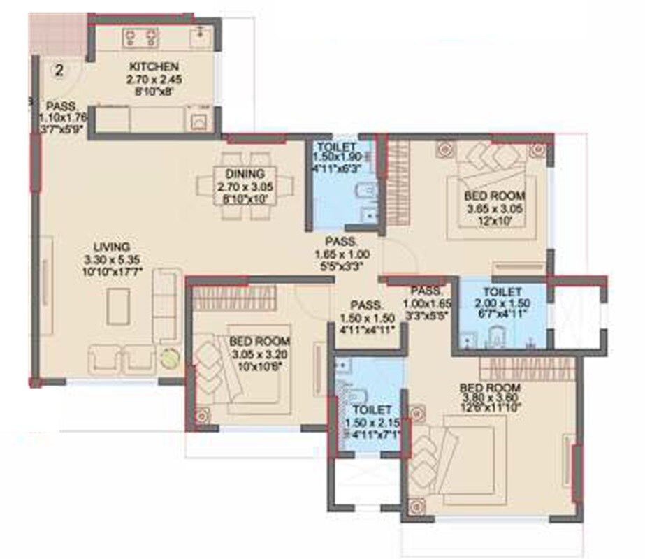Floor plan of 3 BHK 1118 Sq. Ft. Apartment in Aakash Universal Golden Jubilee Tower, Mumbai