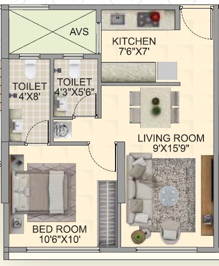 Floor plan of 1 BHK 419 Sq. Ft. Apartment in Aakruti Om Priyadarshani, Mumbai