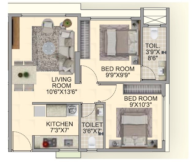 Floor plan of 2 BHK 500 Sq. Ft. Apartment in Aakruti Om Priyadarshani, Mumbai