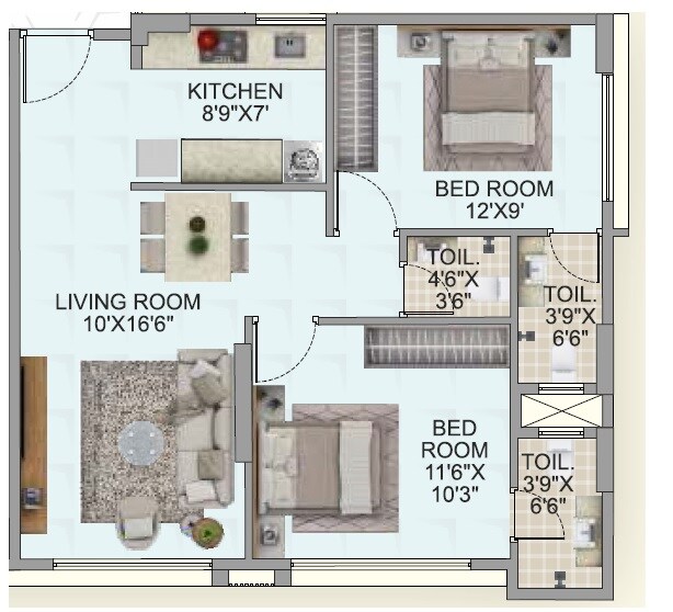 Floor plan of 2 BHK 607 Sq. Ft. Apartment in Aakruti Om Priyadarshani, Mumbai